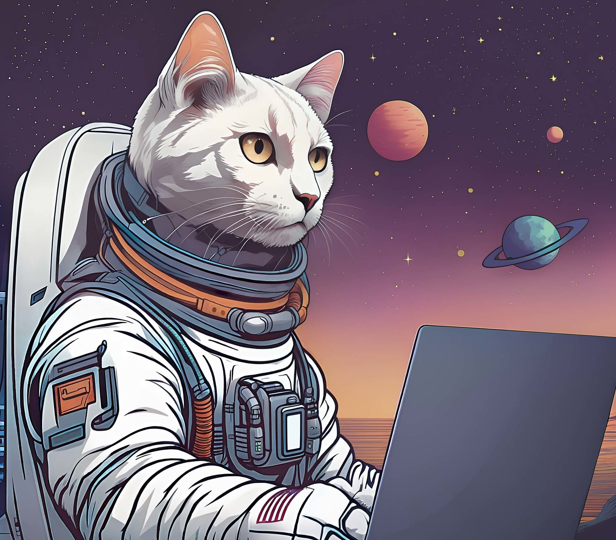 Cat in spacesuit thinking about the future of technology.