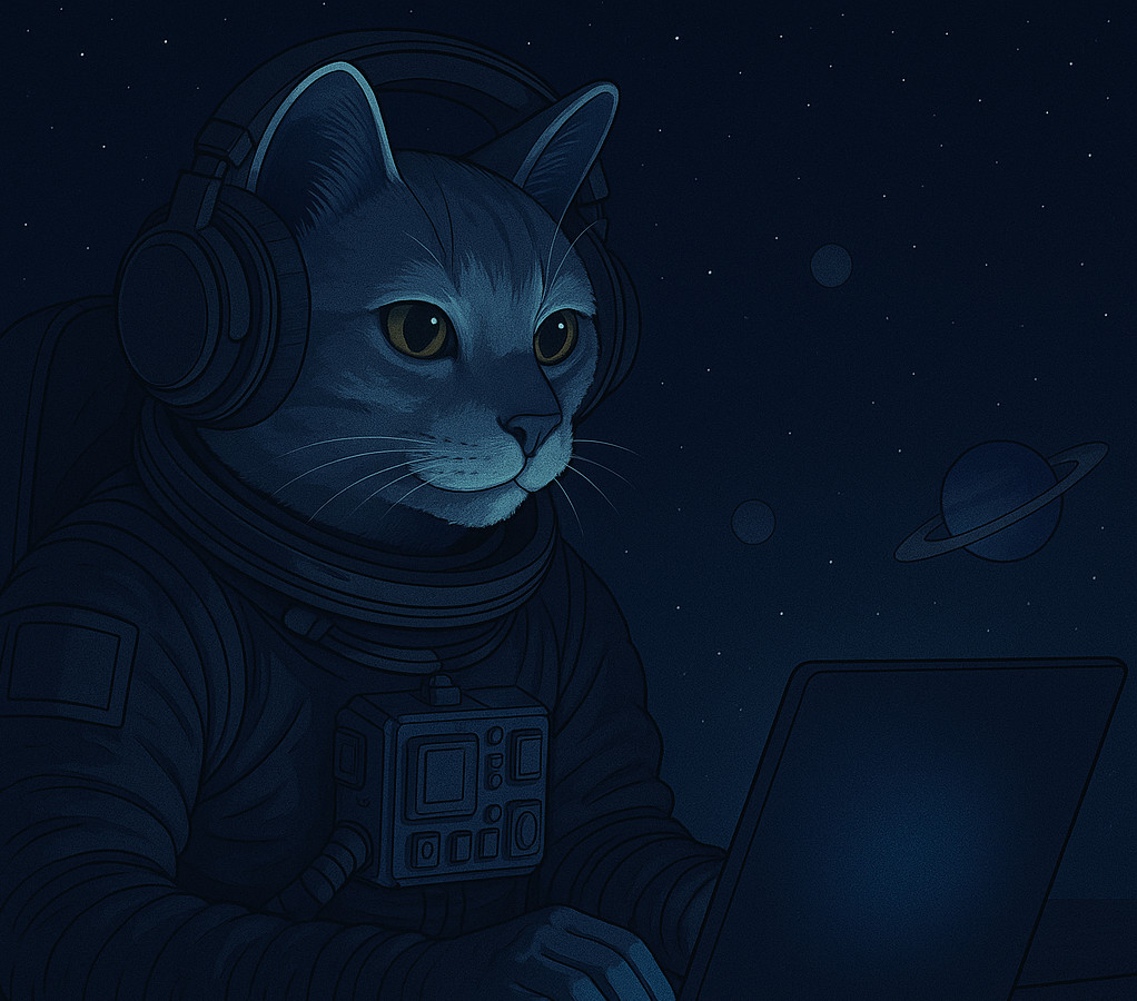 Cat in spacesuit thinking about the future of technology, at night.